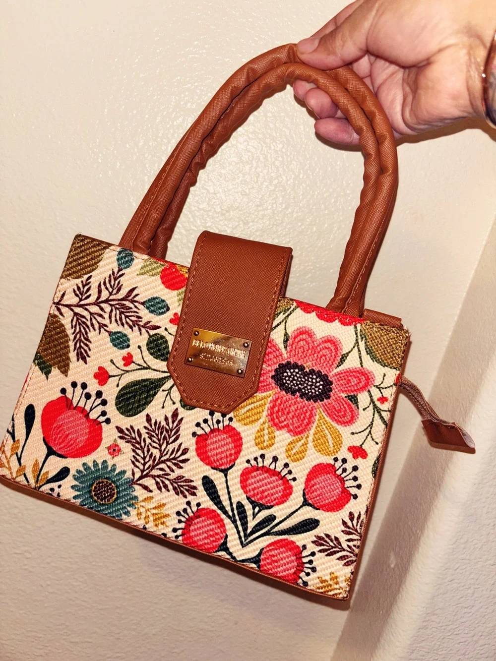 Floral Canvas Tote Handbag with Brown Trim